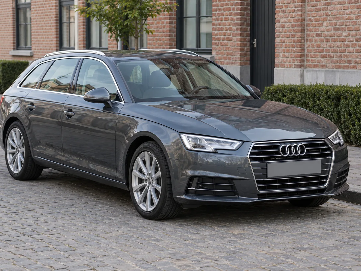 Grijze Audi A4 Avant schuin van voren geparkeerd, met de breakcarrosserie zichtbaar.