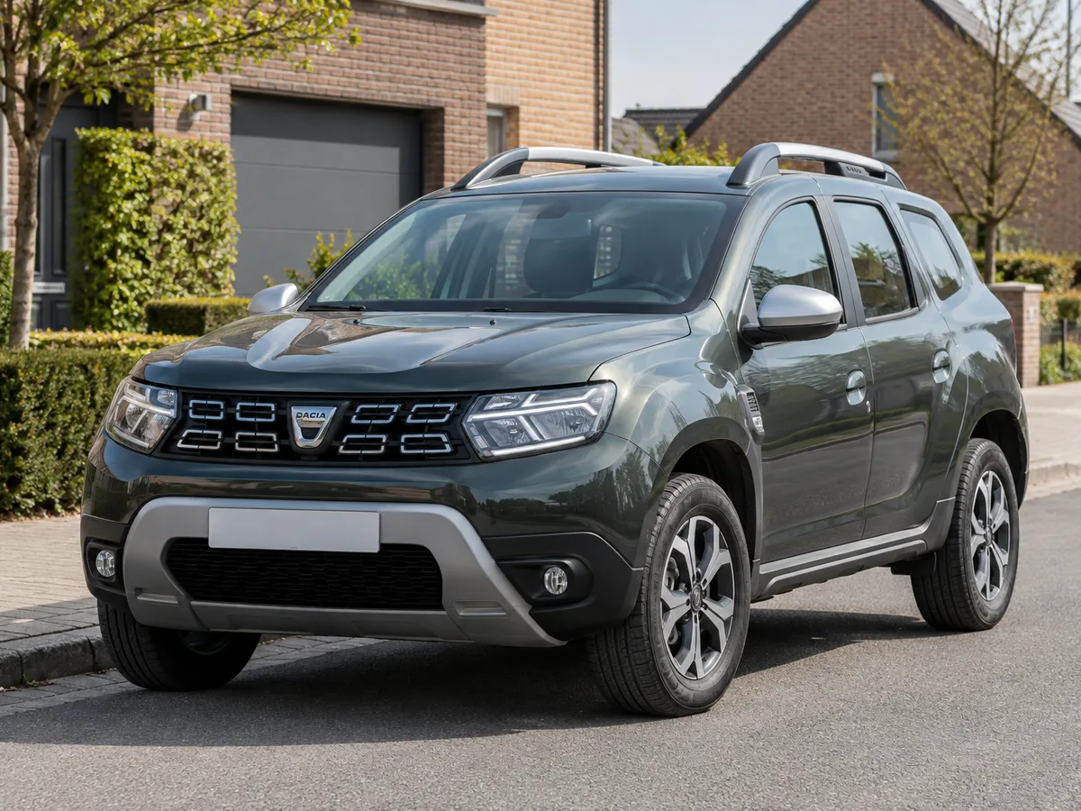 Grijze Dacia Duster schuin van voren geparkeerd.
