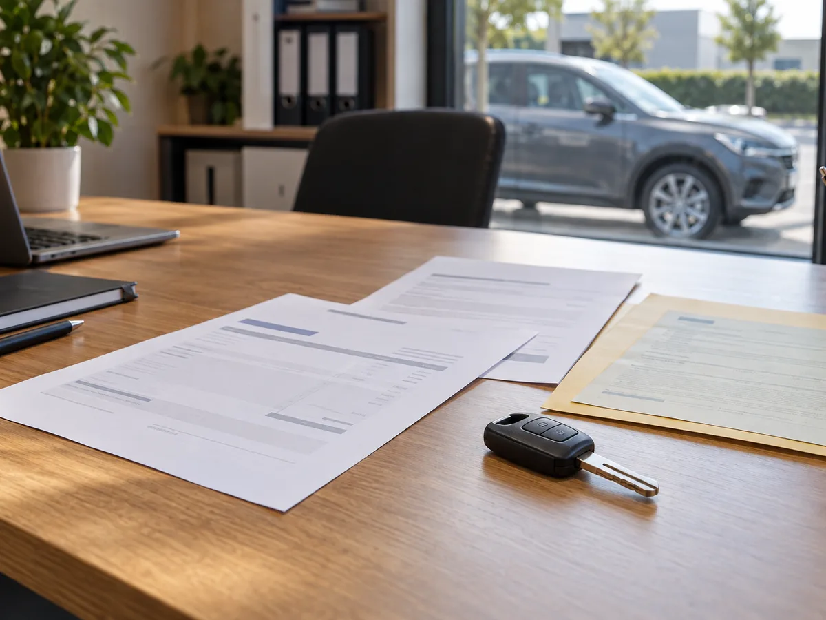Autosleutels en papieren op een bureau, met onscherpe tekst