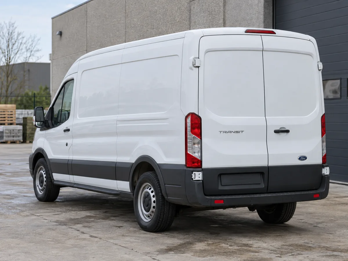 Witte Ford Transit schuin van achteren met de bestelwagencarrosserie zichtbaar.