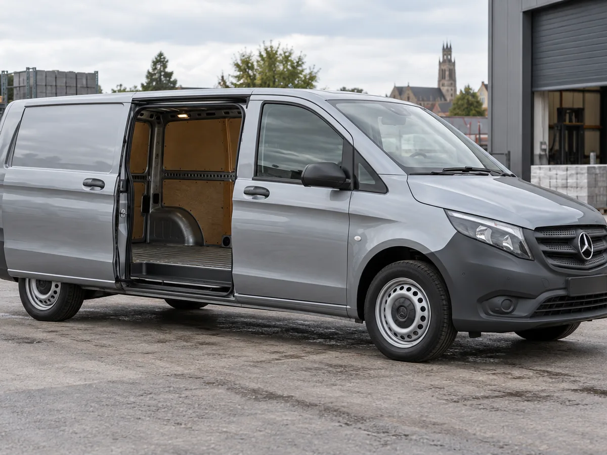 Grijze Mercedes-Benz Vito met geopende zijdeur en zicht op de laadruimte.