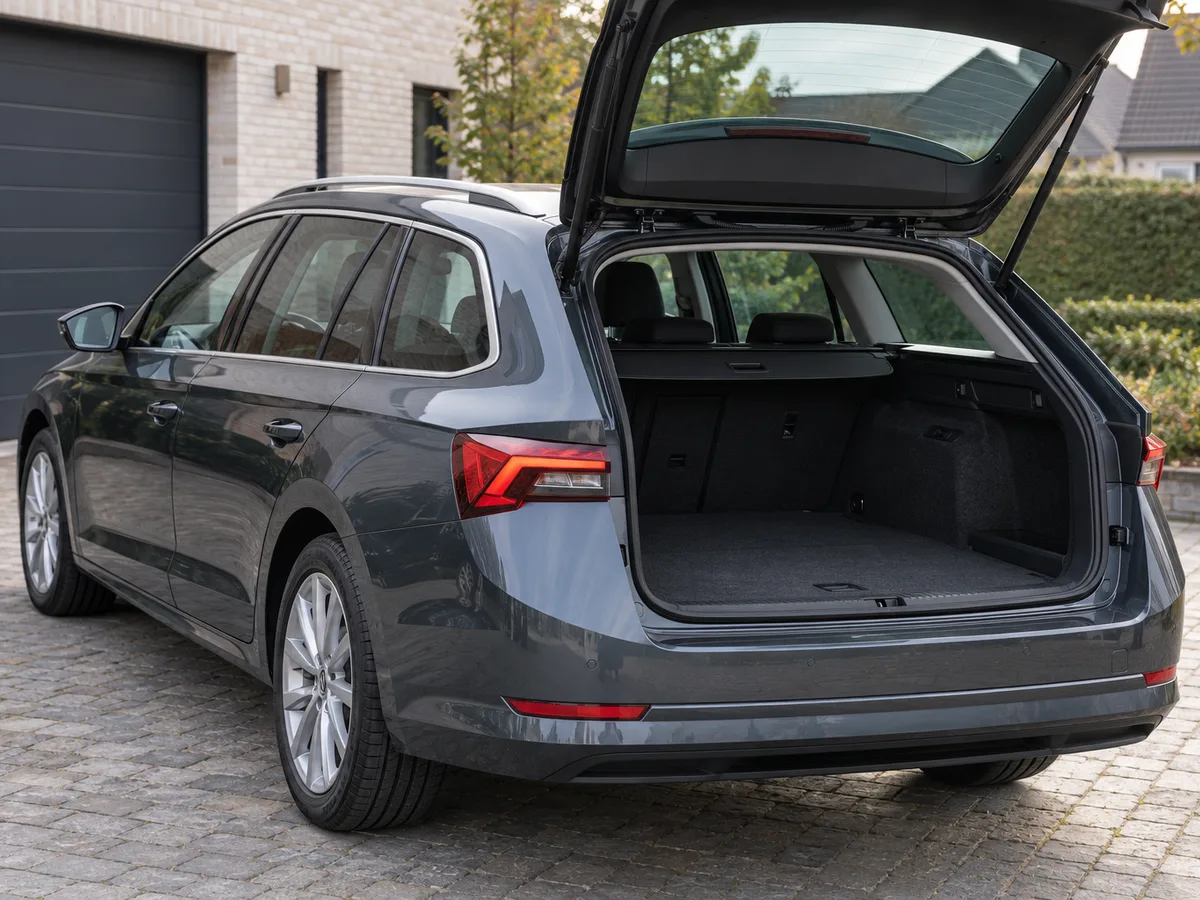 Geopende kofferruimte van een grijze Škoda Octavia Combi.