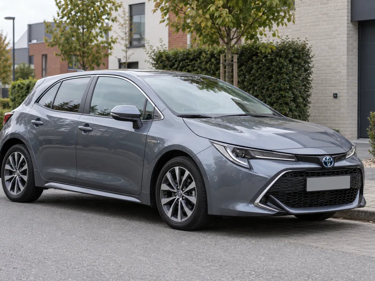 Grijze Toyota Corolla Hybrid schuin van voren geparkeerd.