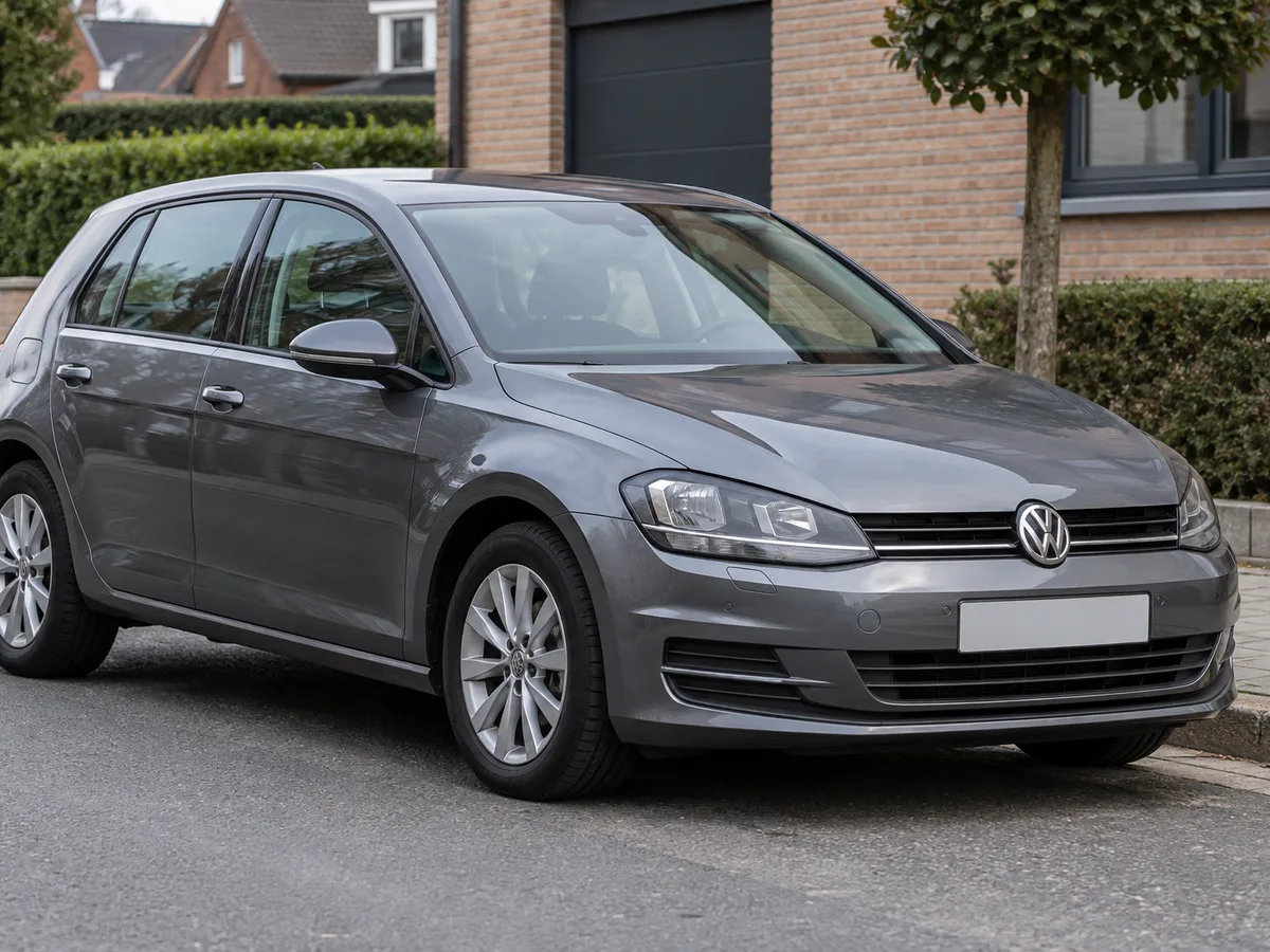 Grijze Volkswagen Golf schuin van voren geparkeerd.