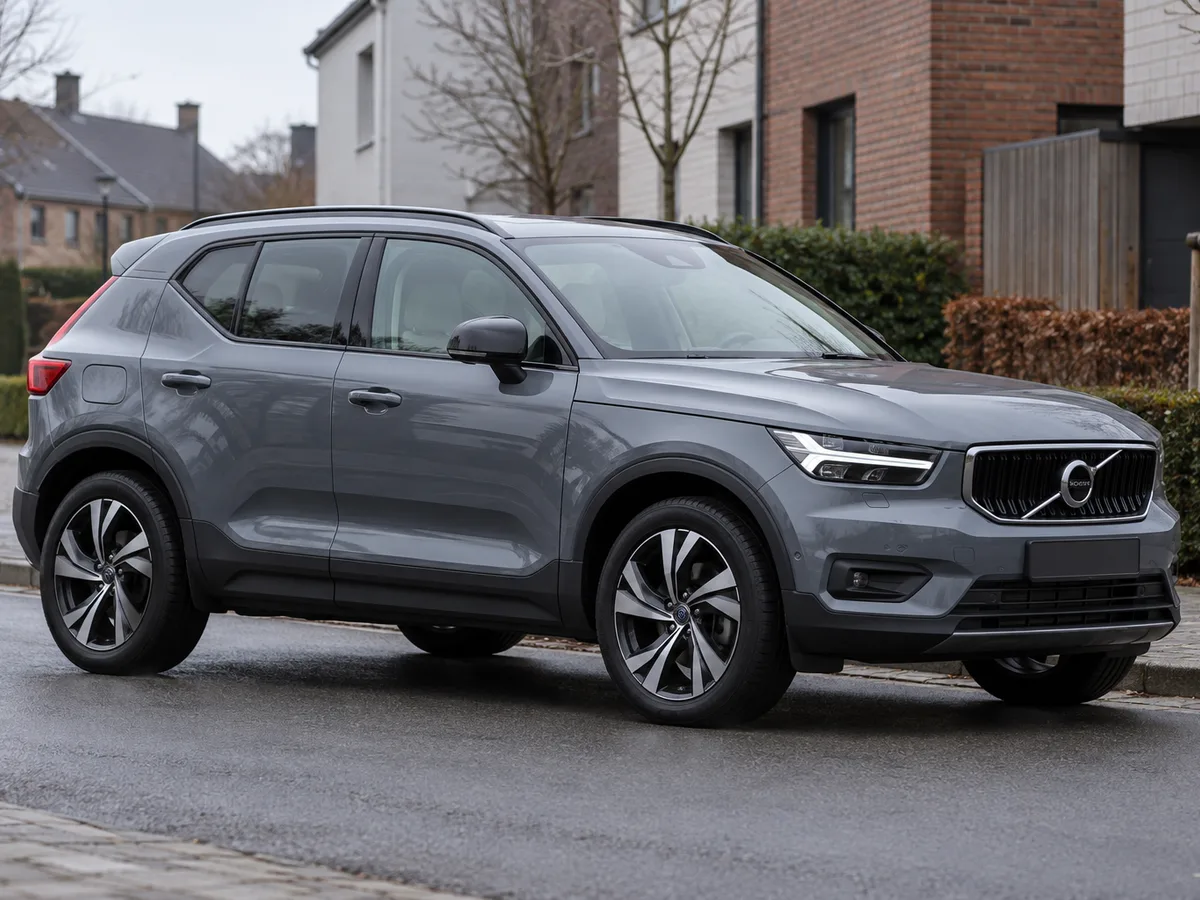 Grijze Volvo XC40 schuin van voren met de SUV-carrosserie zichtbaar.